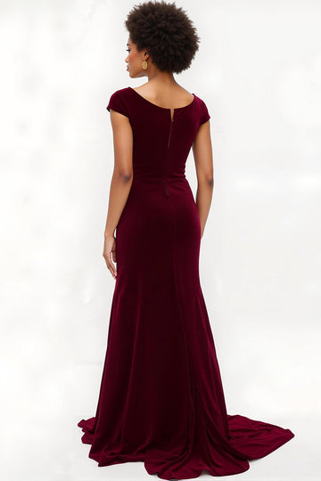 Robe de vacances en velours sirène bordeaux à col bateau